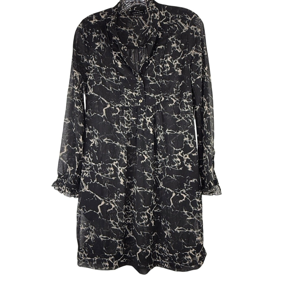 Lucky Brand Black White Marble Print Chiffon Mini Dress Ruffle Cuff Tunic Small